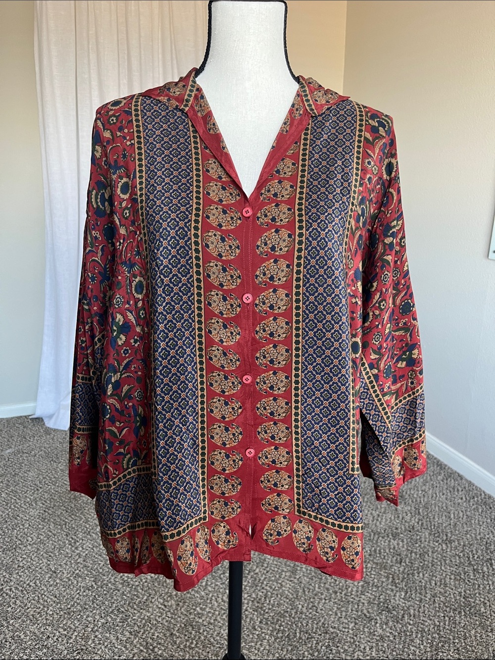 VTG 70s 100% Silk Floral Bird Print Button Down Blouse Kimono Sleeve Boho 12 L